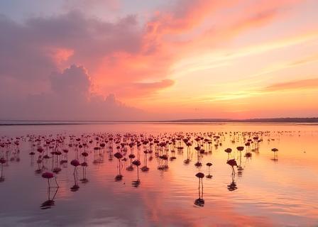 Fenicotteri rosa nelle saline siciliane al tramonto