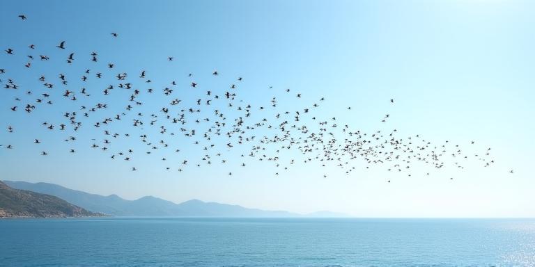 Stormo di rondini in migrazione sopra il Tirreno